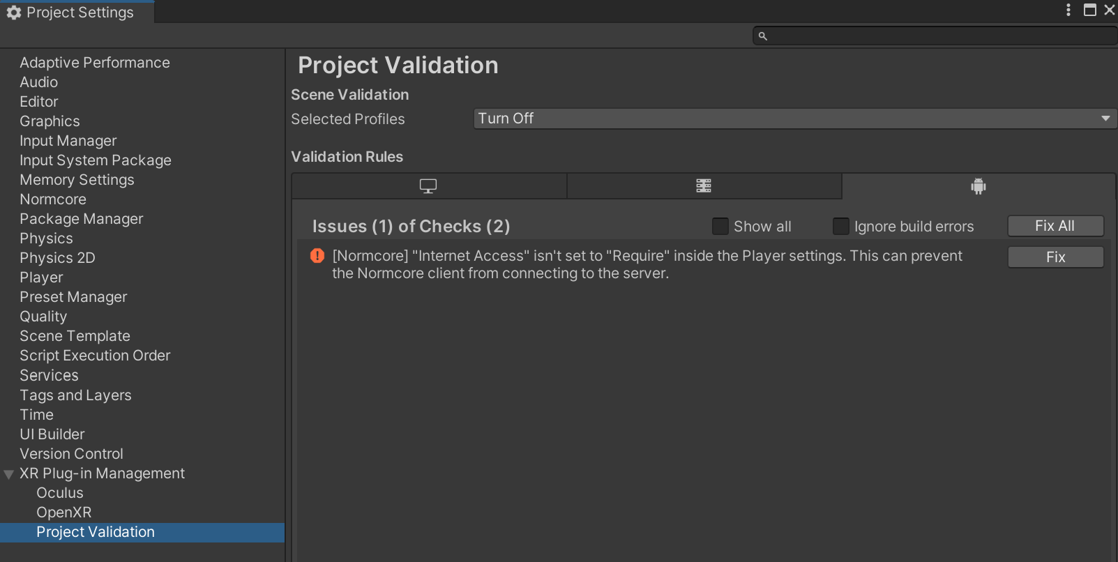 The Project Validation window in Unity.